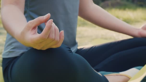 Meditasyonda Oturan Asyalı Kadın Ellerini Kapat Yoga Pozisyonu Pranayama Dengesi — Stok video