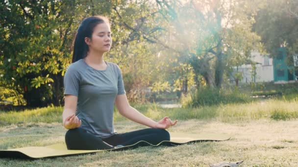 迷人的亚洲女人坐在沉思中 在日落时分 在公园的美丽景色中摆出瑜伽平衡的姿势 健康和健康概念 — 图库视频影像