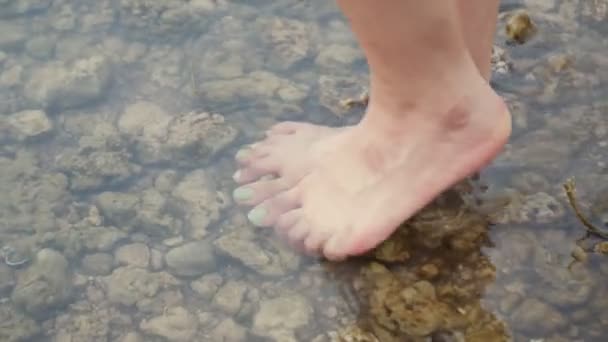 Cerca Chica Asiática Pies Caminando Descalzo Por Lago Vacaciones Verano — Vídeo de stock