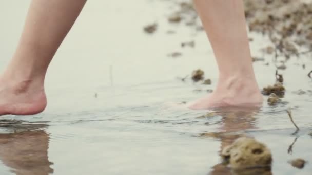 Pomalý Motion Asijské Ženské Nohy Chůze Bos Jezera Letní Dovolenou — Stock video