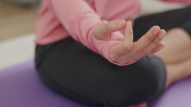 Extreme Close Hands Beautiful Caucasian Female Meditating Lotus Position Quarantine — Stock Video