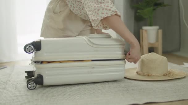 Caucasian Woman Her Bedroom Packing Suitcase Planning Getting Ready Road — Stock Video