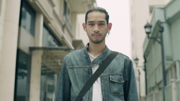 Portrait Smiling Handsome Young Asian Man While Standing Street City — Stock Video