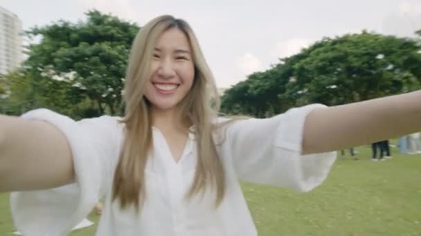 Happy Beautiful Young Woman Taking Selfies Using Smartphone Public Park — Stock Video