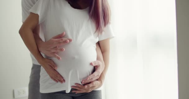 Mutlu Asyalı Koca Güzel Yatak Odalarının Penceresinde Dikilirken Karısının Karnına — Stok video