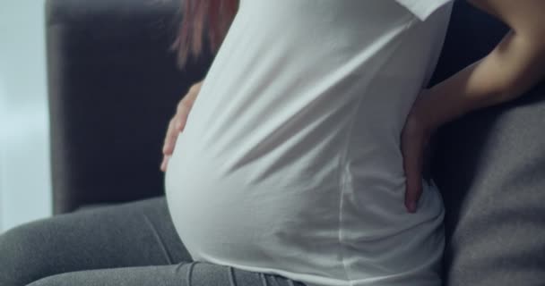 Schöne Asiatische Schwangere Frau Streichelt Den Bauch Während Sie Hause — Stockvideo