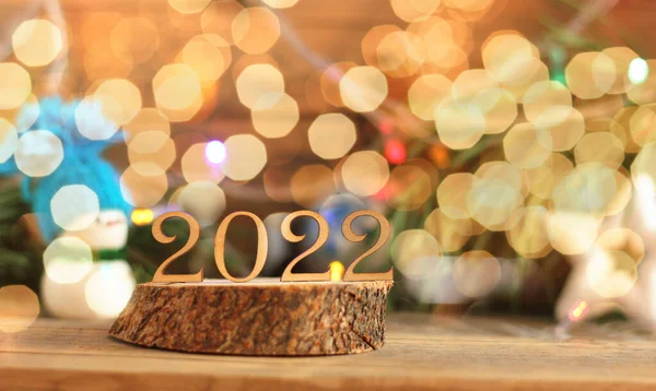 Номера 2022 Деревянном Фоне Фоне Бара Заднем Плане Размытый Снеговик — стоковое фото