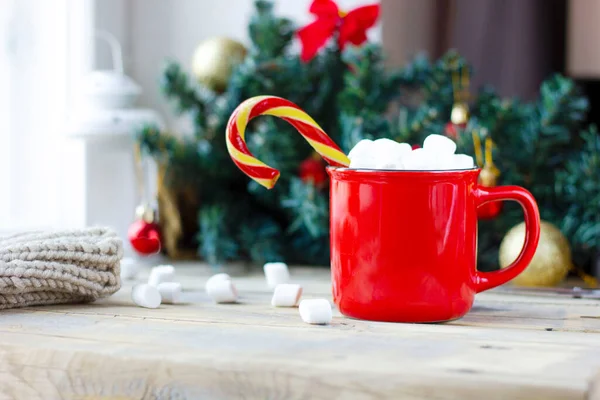 Cozy Winter Hot Chocolate Drink Marshmallows Lollipop Red Mug Background — Stock Photo, Image