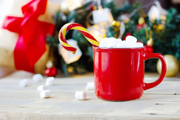 Cozy Winter Drink Hot Chocolate Red Mugs Closeup Horizontal — Stock Photo, Image