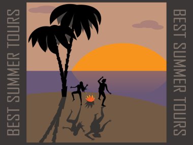 turistler, ıssız bir adada kamp ateşi etrafında dans.