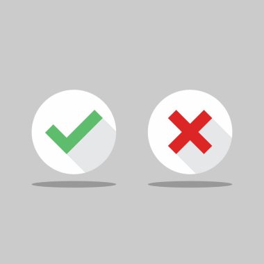 İşaretle ve yanlış işaretle, işaretle, işaretle / işaretle, kabul et / reddet, onayla / onayla, evet / hayır, doğru / yanlış, yeşil / kırmızı, doğru / yanlış, OK / Not Ok - vektör sembolleri yeşil ve kırmızı. İzole edilmiş simge.