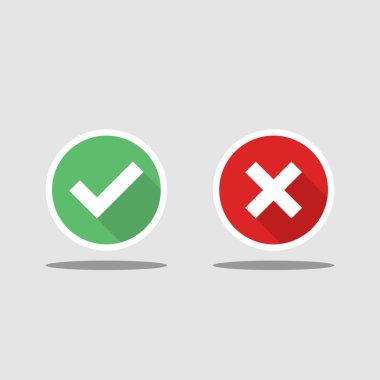İşaretle ve yanlış işaretle, işaretle, işaretle / işaretle, kabul et / reddet, onayla / onayla, evet / hayır, doğru / yanlış, yeşil / kırmızı, doğru / yanlış, OK / Not Ok - vektör sembolleri yeşil ve kırmızı. Beyaz kulaç ve gölge tasarımı. İzole edilmiş simge.