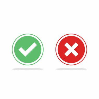 İşaretle ve yanlış işaretle, işaretle, işaretle / işaretle, kabul et / reddet, onayla / onayla, evet / hayır, doğru / yanlış, yeşil / kırmızı, doğru / yanlış, OK / Not Ok - vektör sembolleri yeşil ve kırmızı. İzole edilmiş simge.