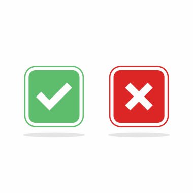 İşaretle ve yanlış işaretle, işaretle, işaretle / işaretle, kabul et / reddet, onayla / onayla, evet / hayır, doğru / yanlış, yeşil / kırmızı, doğru / yanlış, OK / Not Ok - vektör sembolleri yeşil ve kırmızı. İzole edilmiş simge.