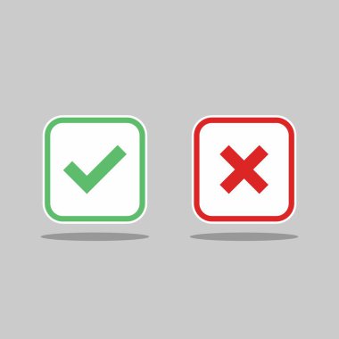 İşaretle ve yanlış işaretle, işaretle, işaretle / işaretle, kabul et / reddet, onayla / onayla, evet / hayır, doğru / yanlış, yeşil / kırmızı, doğru / yanlış, OK / Not Ok - vektör sembolleri yeşil ve kırmızı. İzole edilmiş simge.