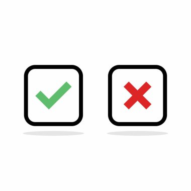 İşaretle ve yanlış işaretle, işaretle, işaretle / işaretle, kabul et / reddet, onayla / onayla, evet / hayır, doğru / yanlış, yeşil / kırmızı, doğru / yanlış, OK / Not Ok - vektör sembolleri yeşil ve kırmızı. İzole edilmiş simge.