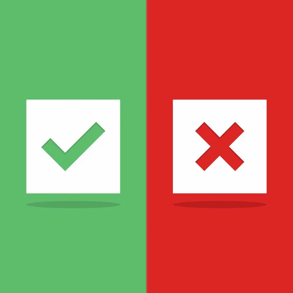 チェックマークと間違いマーク チェックマークとクロスマーク 不承認 いいえ 間違い 正しい いいえ 緑と赤のベクトルマーク記号 隔離されたアイコン — ストックベクタ