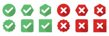 Check and wrong marks Icon Set, Tick and cross marks, Accepted,Rejected, Approved,Disapproved, Yes,No, Right,Wrong, Green,Red, Correct,False, Ok,Not Ok - vector mark symbols in green and red.