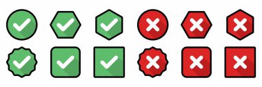 Check and wrong marks Icon Set, Tick and cross marks, Accepted,Rejected, Approved,Disapproved, Yes,No, Right,Wrong, Green,Red, Correct,False, Ok,Not Ok - vector mark symbols. Black stroke design.