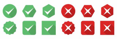 Check and wrong marks Icon Set, Tick and cross marks, Accepted,Rejected, Approved,Disapproved, Yes,No, Right,Wrong, Green,Red, Correct,False, Ok,Not Ok - vector mark symbols in green and red.