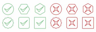 Check and wrong marks Icon Set, Tick and cross marks, Accepted,Rejected, Approved,Disapproved, Yes,No, Right,Wrong, Green,Red, Correct,False, Ok,Not Ok - vector mark symbols in green and red.
