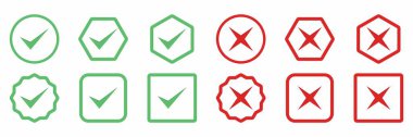 Check and wrong marks Icon Set, Tick and cross marks, Accepted,Rejected, Approved,Disapproved, Yes,No, Right,Wrong, Green,Red, Correct,False, Ok,Not Ok - vector mark symbols in green and red.