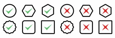 Check and wrong marks Icon Set, Tick and cross marks, Accepted,Rejected, Approved,Disapproved, Yes,No, Right,Wrong, Green,Red, Correct,False, Ok,Not Ok - vector mark symbols in green and red.