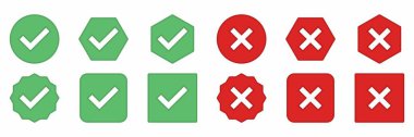 Check and wrong marks Icon Set, Tick and cross marks, Accepted,Rejected, Approved,Disapproved, Yes,No, Right,Wrong, Green,Red, Correct,False, Ok,Not Ok - vector mark symbols in green and red.
