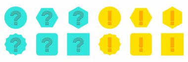 Question mark Icon Set, FAQ sign, Help symbol. Exclamation mark Icon Set, Attention sign, Caution icon, Hazard warning symbol. Light blue and Yellow style. Flat style vector illustration.