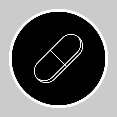 İlaç kapsülü, ilaç, vektör işareti sembolleri. Beyaz tasarım. İzole edilmiş bir ikon. Düz biçim vektör illüstrasyonu.