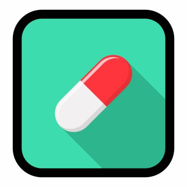 Kırmızı hap kapsülü, ilaç, vektör işareti yeşil stil. Black Stroke tasarımı. İzole edilmiş bir ikon. Düz biçim vektör illüstrasyonu.