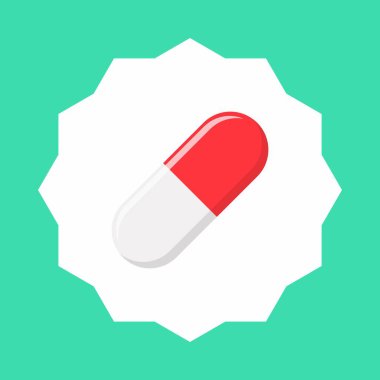 Kırmızı hap kapsülü, ilaç, vektör işareti yeşil stil. İzole edilmiş bir ikon. Düz biçim vektör illüstrasyonu.