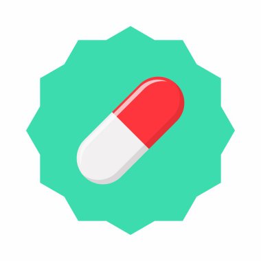 Kırmızı hap kapsülü, ilaç, vektör işareti yeşil stil. İzole edilmiş bir ikon. Düz biçim vektör illüstrasyonu.