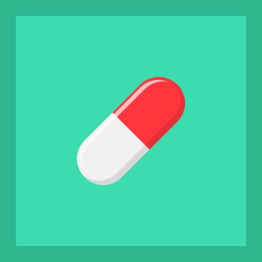 Kırmızı hap kapsülü, ilaç, vektör işareti yeşil stil. İzole edilmiş bir ikon. Düz biçim vektör illüstrasyonu.