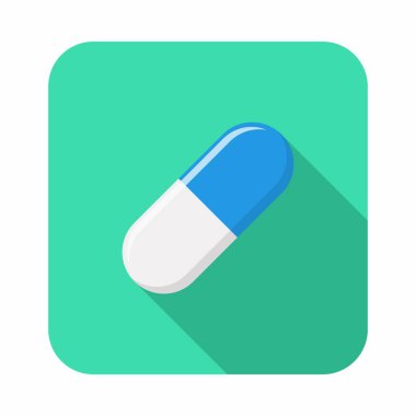 Mavi hap kapsülü, ilaç, vektör işareti yeşil stil. İzole edilmiş bir ikon. Düz biçim vektör illüstrasyonu.