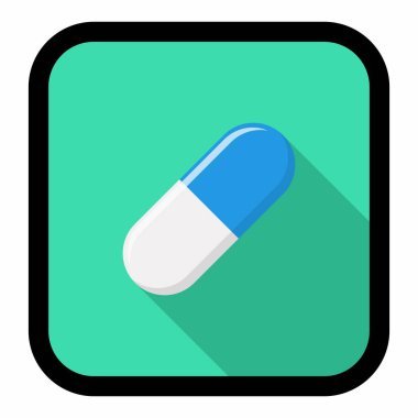 Mavi hap kapsülü, ilaç, vektör işareti yeşil stil. Black Stroke tasarımı. İzole edilmiş bir ikon. Düz biçim vektör illüstrasyonu.