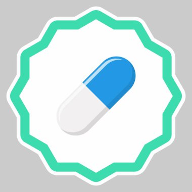 Mavi hap kapsülü, ilaç, vektör işareti yeşil stil. İzole edilmiş bir ikon. Düz biçim vektör illüstrasyonu.