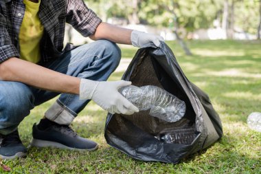 Çöp toplama, insanların elleri plastik şişeleri toplar, çöpleri parkları temizlemek, kirlilikten kaçınmak, çevreye ve ekosisteme dost olmak için siyah çöp torbalarına koyar..