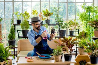 Bıyıklı, yaşlı ve yakışıklı bir adam ağaç bakımıyla mutlu olur. Evde bahçıvanlık hobisi. Emeklilikten sonra mutlu yaşamak. Doğa ve çevre kavramları.
