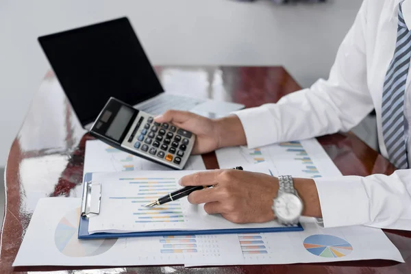 Businessman Hand Sits Desks Calculates Financial Graphs Showing Results Investments — Stock Photo, Image