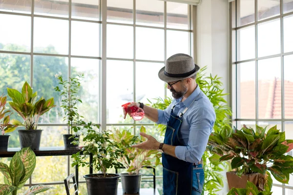 Bıyıklı, yaşlı ve yakışıklı bir adam ağaç bakımıyla mutlu olur. Evde bahçıvanlık hobisi. Emeklilikten sonra mutlu yaşamak. Doğa ve çevre kavramları.