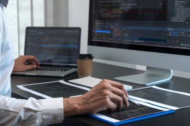 Programmer, Man working with computer programming, professional development, and coding technology, working on high-quality visual software development websites.