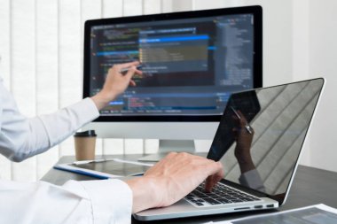Programmer, Man working with computer programming, professional development, and coding technology, working on high-quality visual software development websites.