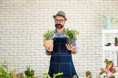 Bıyıklı, yaşlı ve yakışıklı bir adam ağaç bakımıyla mutlu olur. Evde bahçıvanlık hobisi. Emeklilikten sonra mutlu yaşamak. Doğa ve çevre kavramları.