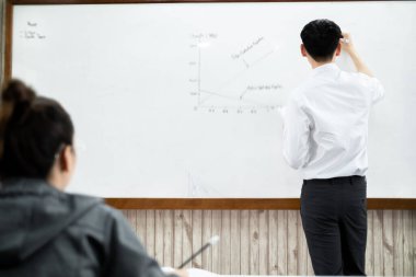 Beyaz tahtaya yakın bir sınıfta Asyalı bir erkek öğretmen özel bir derste bir ders yazıp öğretiyor. Matematik öğretmeni üniversite öğrencilerine aritmetik toplamları açıklıyor.