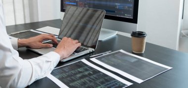 Programmer, Man working with computer programming, professional development, and coding technology, working on high-quality visual software development websites.