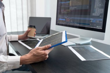Programmer, Man working with computer programming, professional development, and coding technology, working on high-quality visual software development websites.