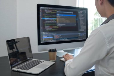 Programmer, Man working with computer programming, professional development, and coding technology, working on high-quality visual software development websites.