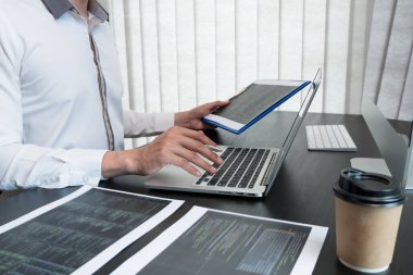 Programmer, Man working with computer programming, professional development, and coding technology, working on high-quality visual software development websites.