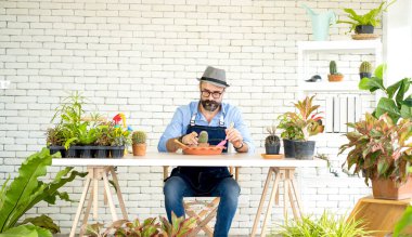 Bıyıklı, yaşlı ve yakışıklı bir adam ağaç bakımıyla mutlu olur. Evde bahçıvanlık hobisi. Emeklilikten sonra mutlu yaşamak. Doğa ve çevre kavramları.
